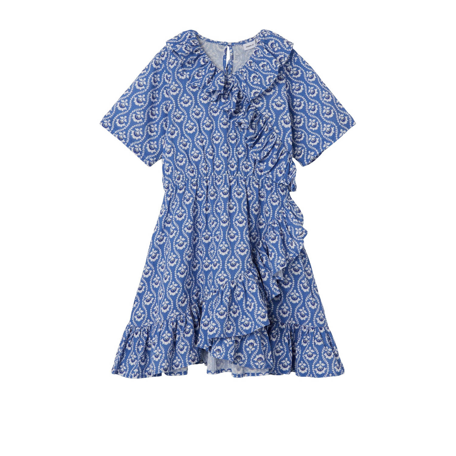 Name it KIDS jurk NKFFAMMINA met all over print en ruches blauw wit Meisjes Katoen V-hals 116