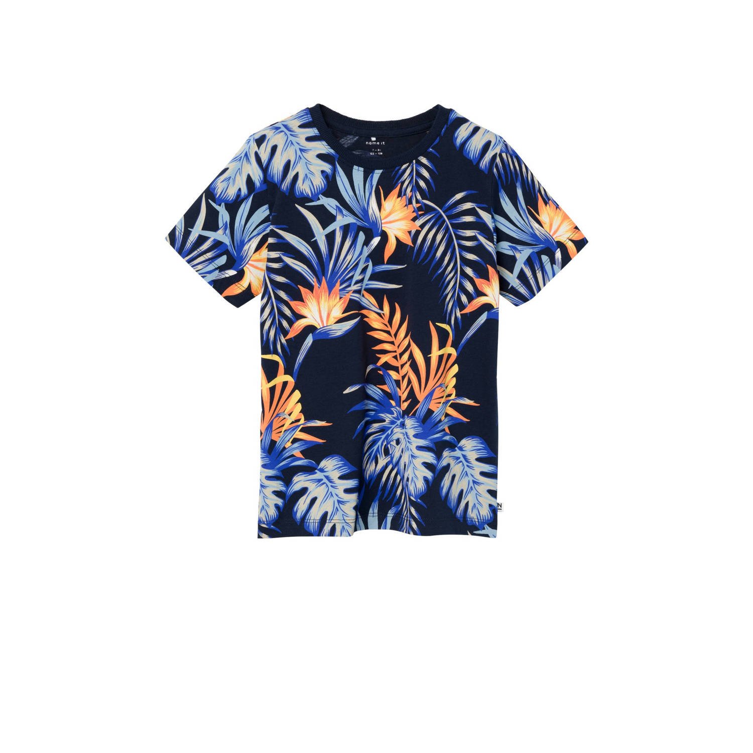 Name it KIDS T-shirt NKMFLANKO met all over print donkerblauw blauw oranje Jongens Katoen Ronde hals 134 140