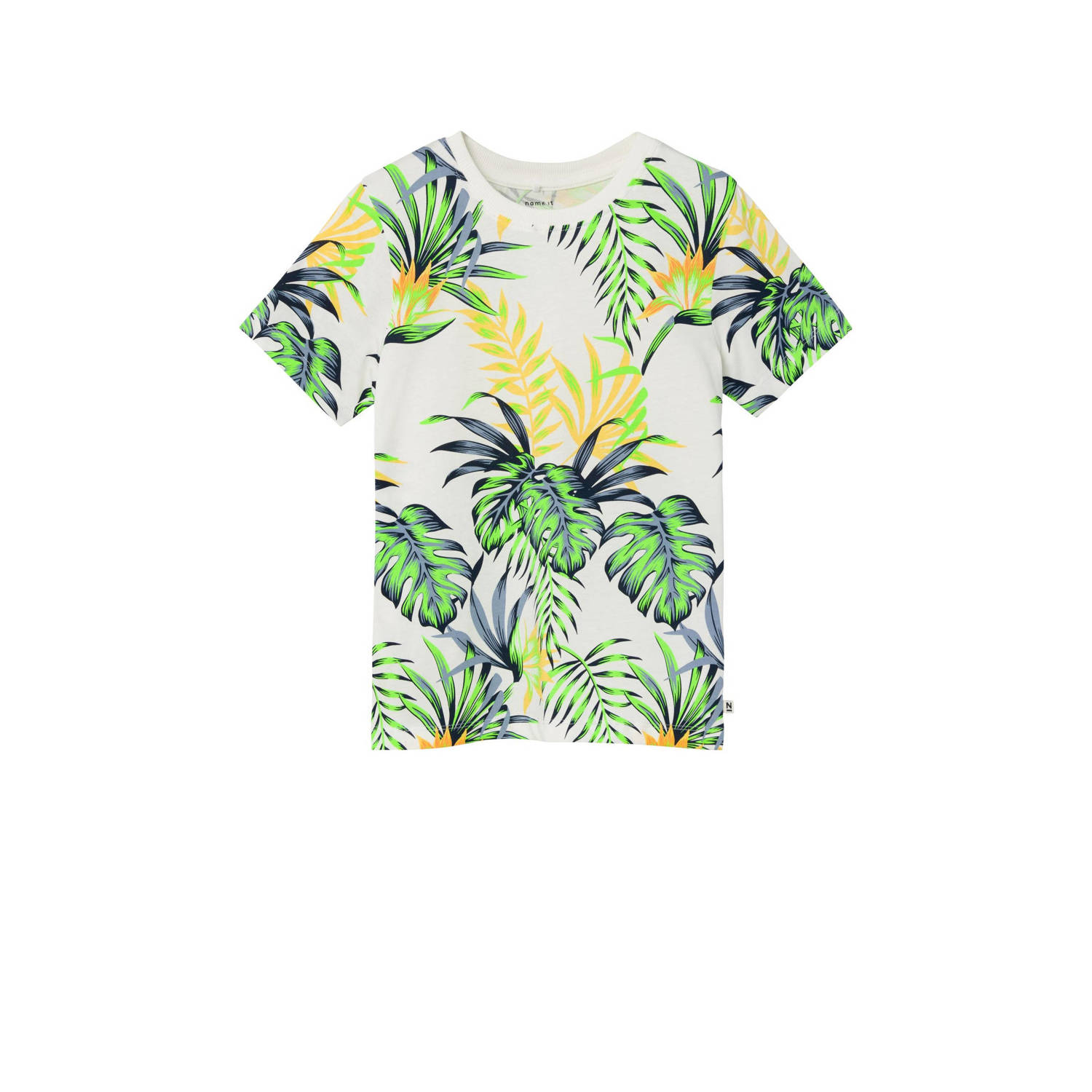 Name it KIDS T-shirt NKMFLANKO met all over print offwhite groen geel Ecru Jongens Katoen Ronde hals 122 128