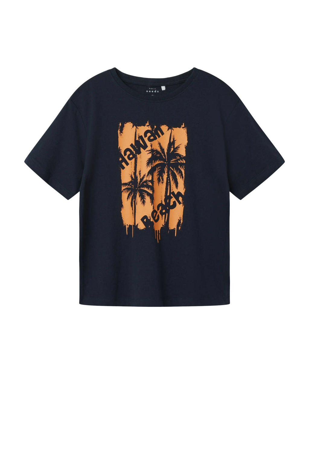 Donkerblauwe jongens NAME IT KIDS T-shirt van katoen met printopdruk, korte mouwen en ronde hals