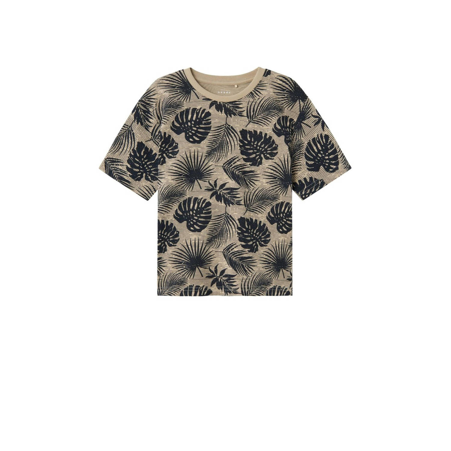 Name it KIDS T-shirt NKMVALTHER met all over print beige zwart Jongens Biologisch katoen Ronde hals 122 128