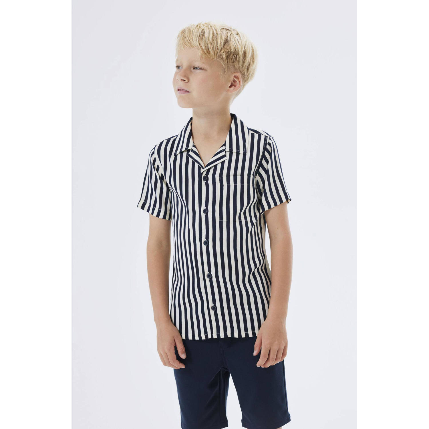 Name it KIDS gestreept overhemd NKMFERANE donkerblauw beige Jongens Viscose Klassieke kraag 122 128