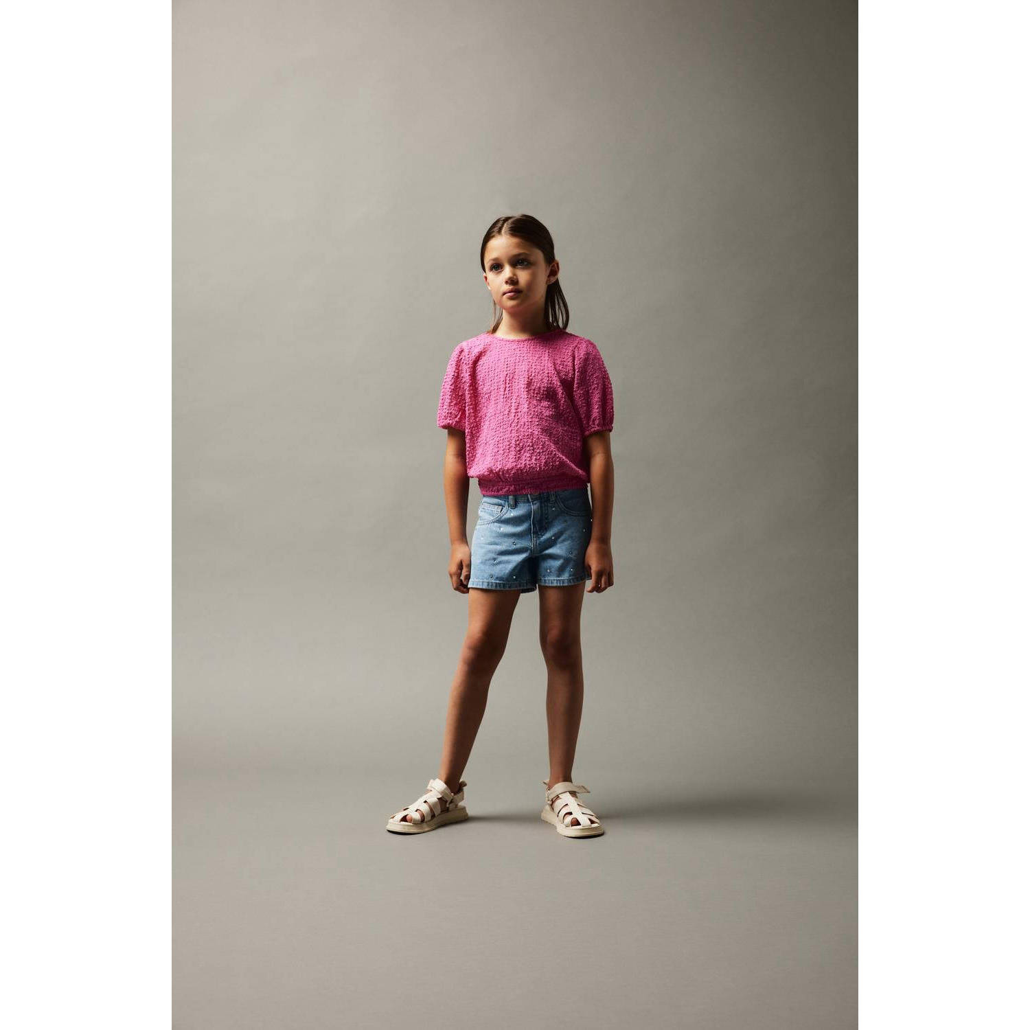 NAME IT KIDS regular fit denim short NKFROSE met all over print light blue denim