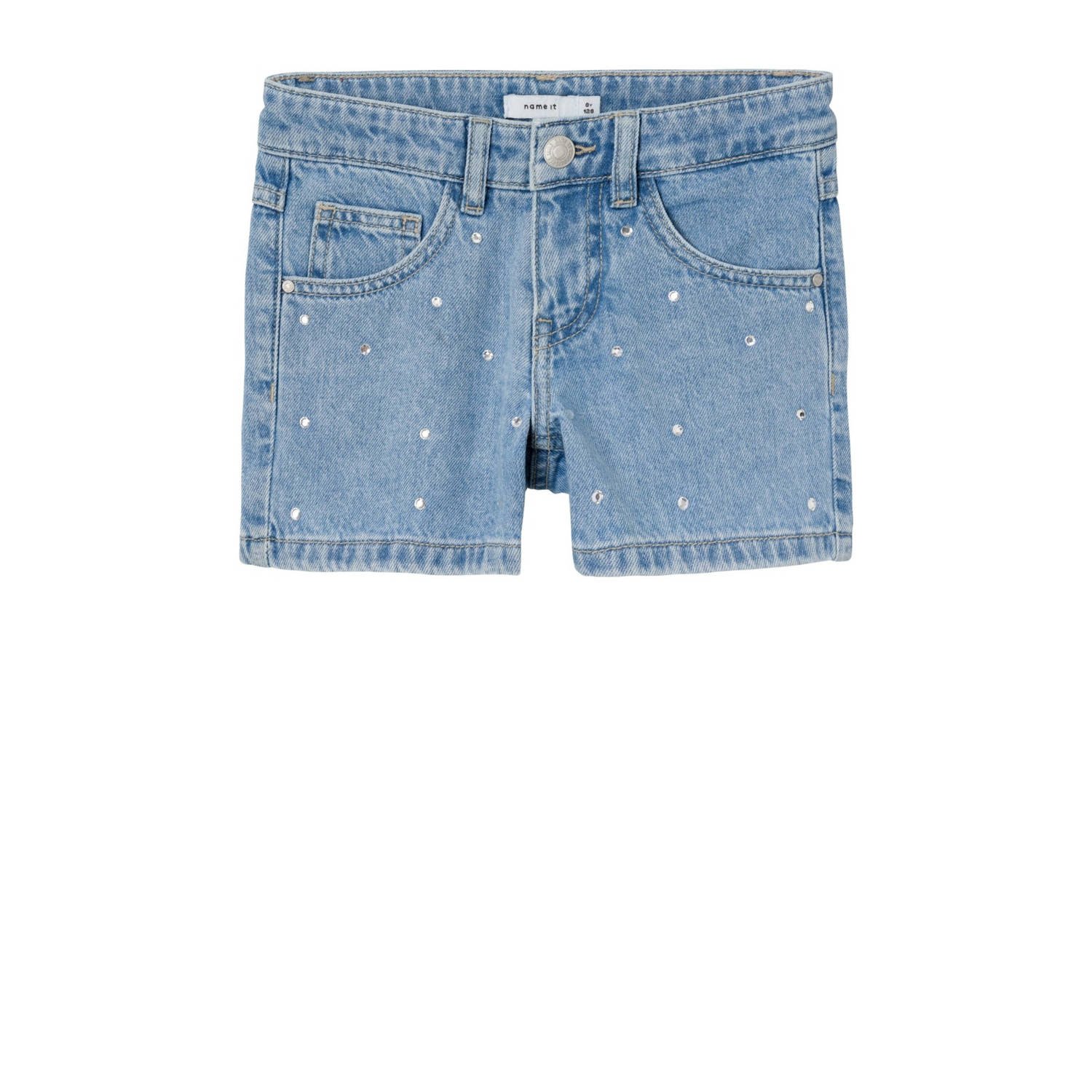 Name it KIDS regular fit denim short NKFROSE met all over print light blue denim Korte broek Blauw Stretchdenim 128