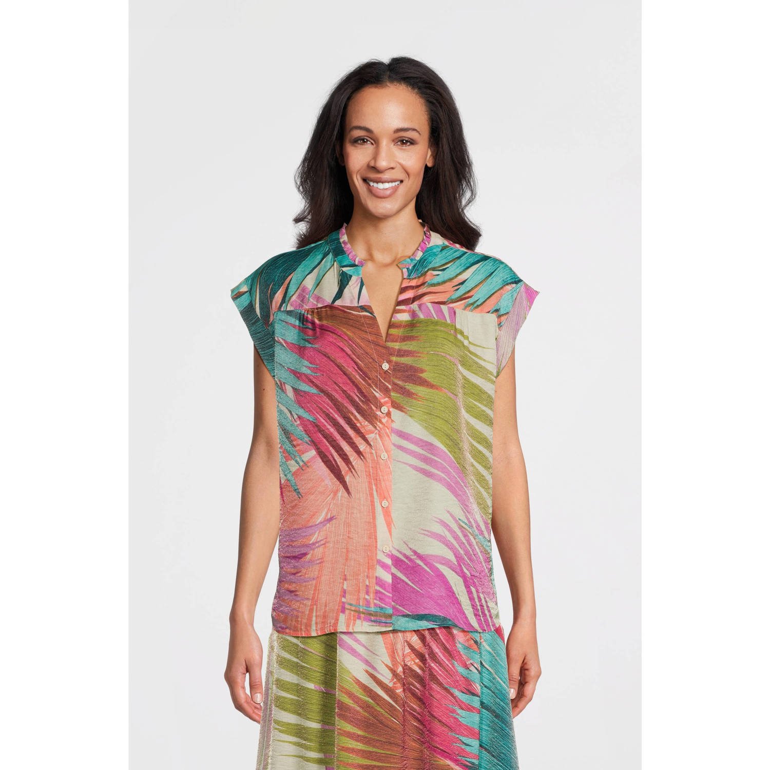 Geisha top met all over print roze blauw ecru
