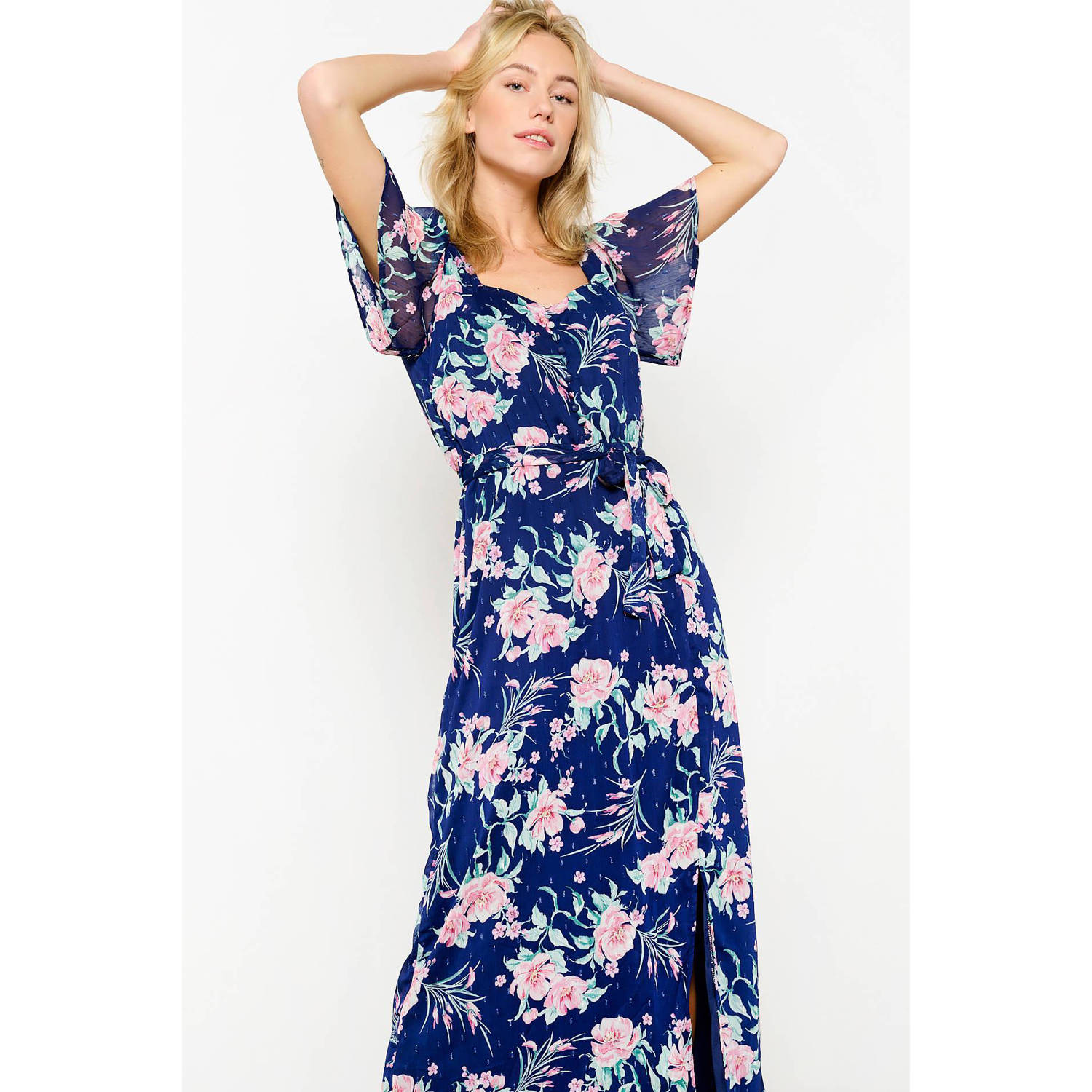 LOLALIZA gebloemde maxi jurk donkerblauw roze