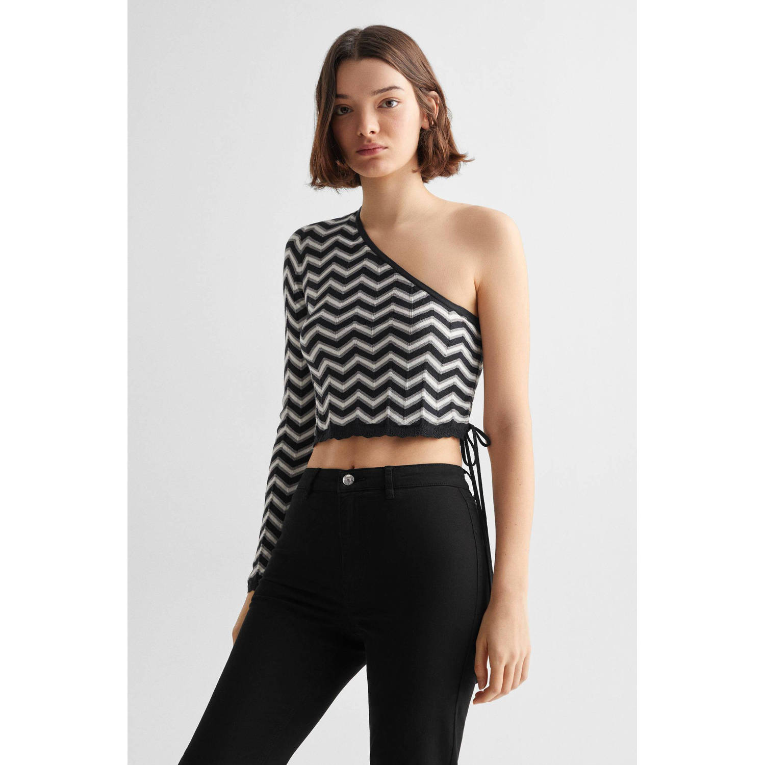 Mango Kids one shoulder top met grafische print zwart wit