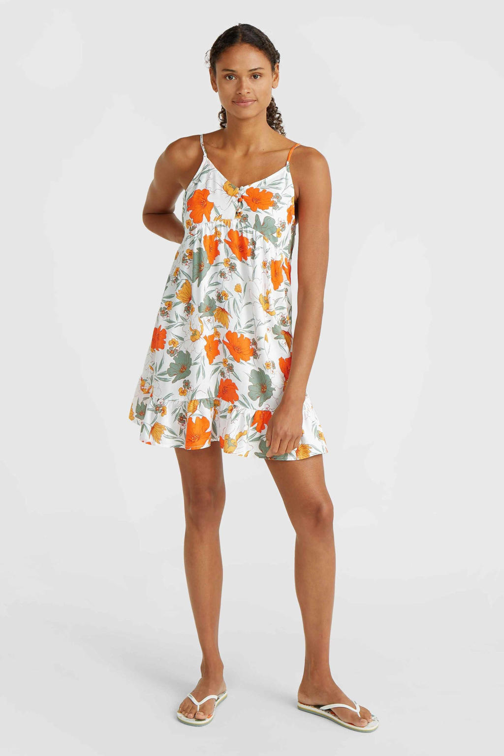 Witte dames O'Neill strandjurk Malu Beach van viscose met bloemenprint, spaghettibandjes en V-hals