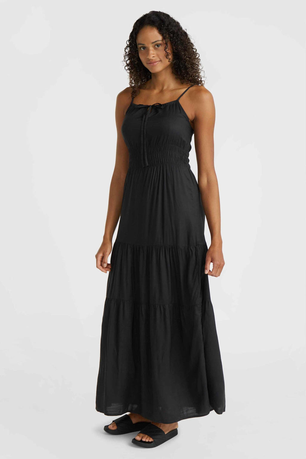 Zwarte dames O'Neill strandjurk Quorra van viscose met effen, spaghettibandjes, vierkante hals en ruches