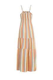 thumbnail: Oranje, wit en groene dames O'Neill strandjurk Quorra van viscose met strepenprint, spaghettibandjes en vierkante hals