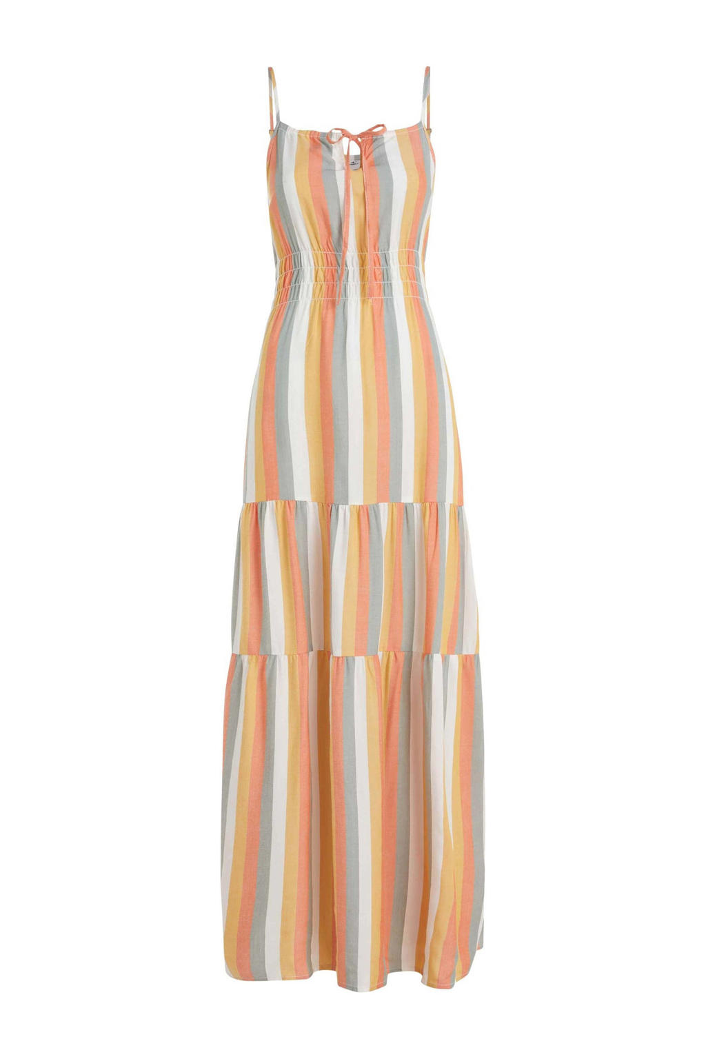 Oranje dames O'Neill strandjurk Quorra van viscose met strepenprint, spaghettibandjes, vierkante hals en ruches