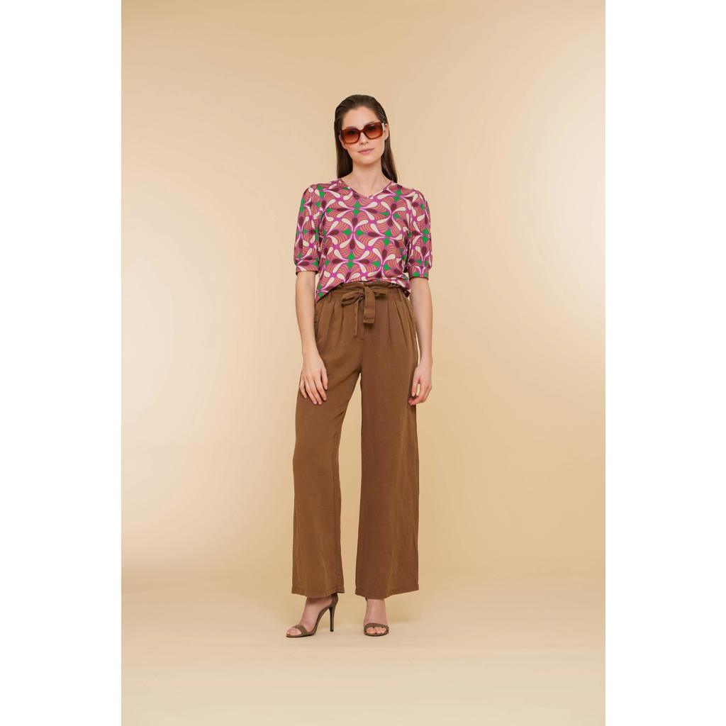 Roze en groene dames Geisha top van viscose met driekwart mouwen en ronde hals