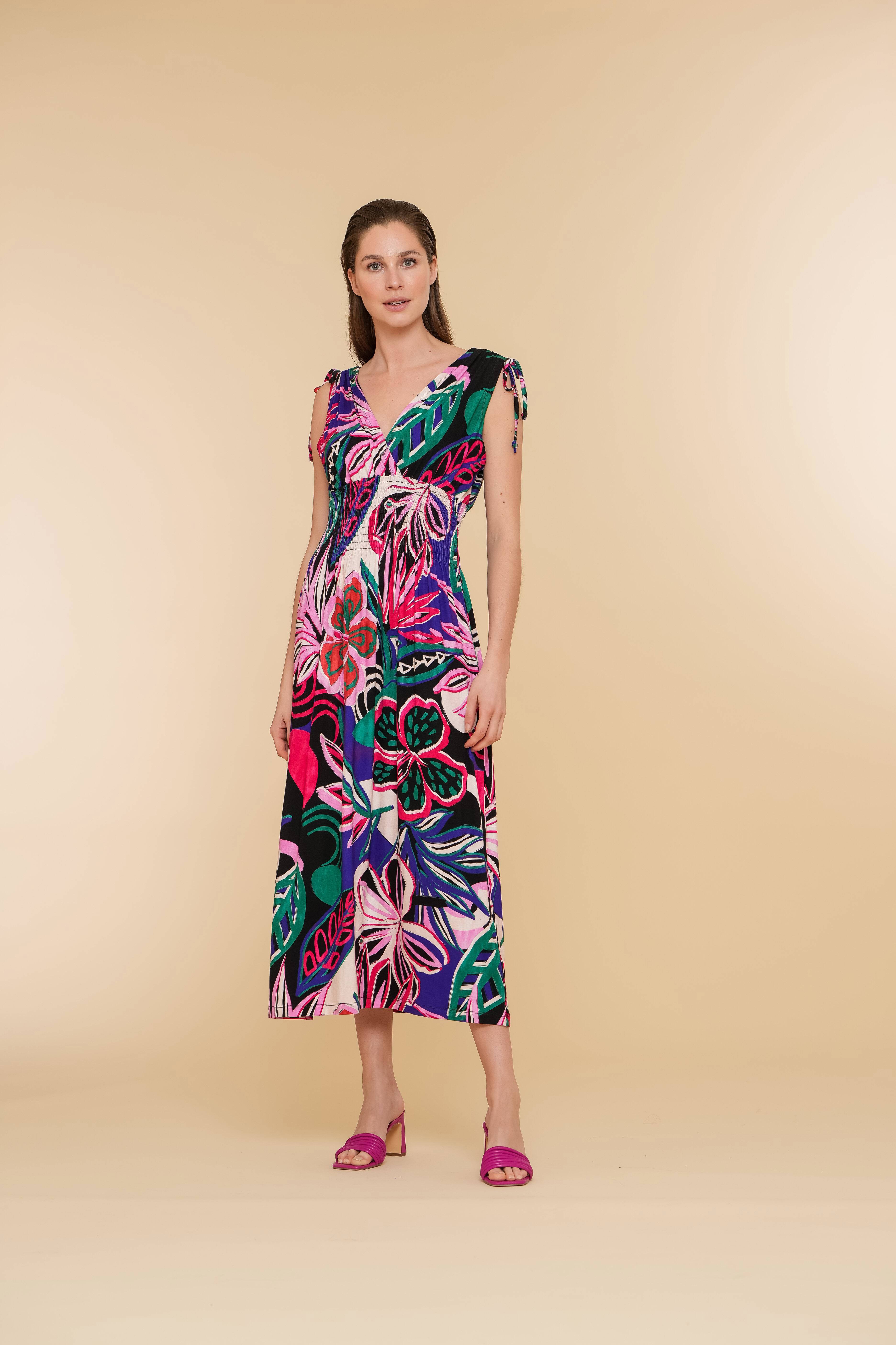 jurk met all over print zwart roze groen