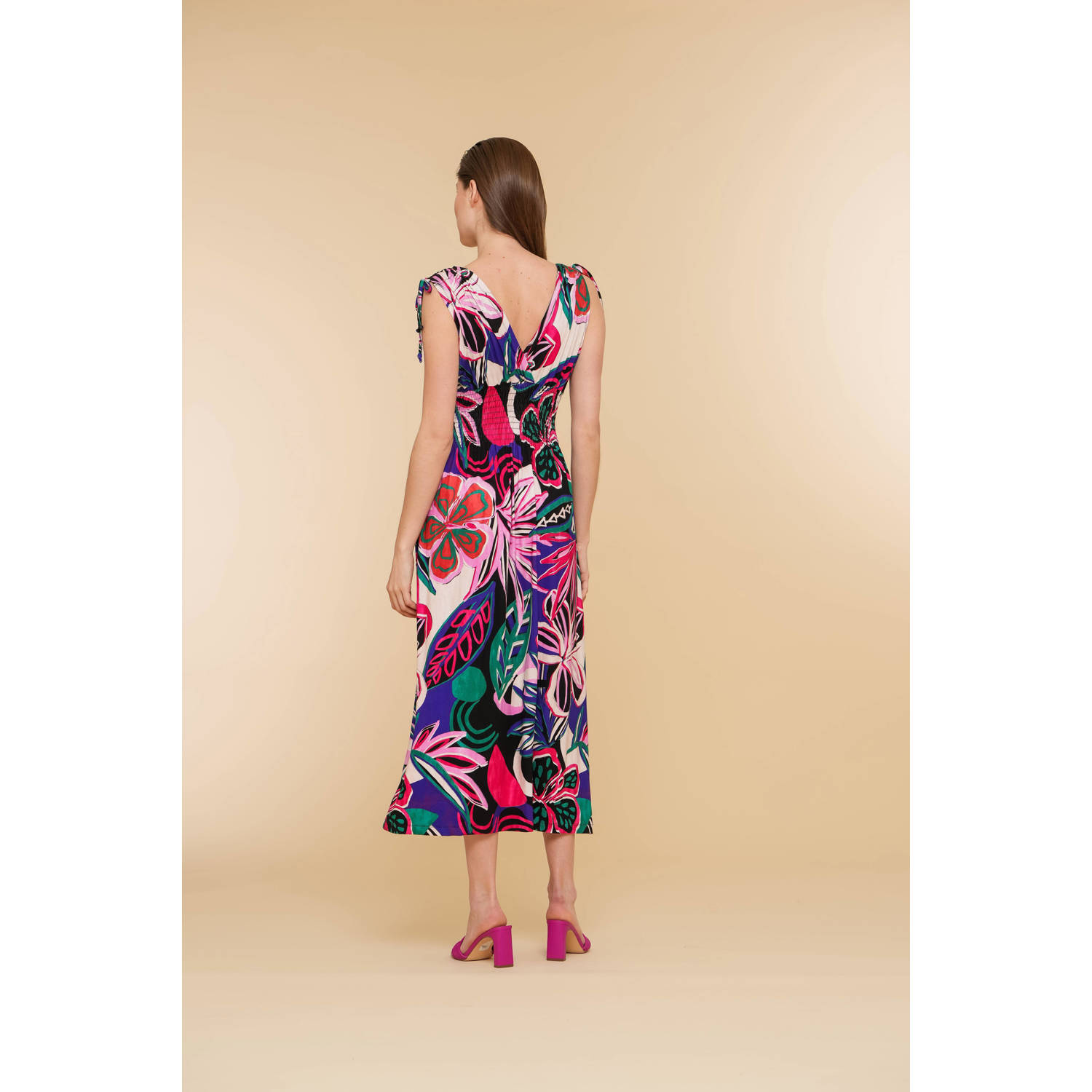 Geisha jurk met all over print zwart roze groen