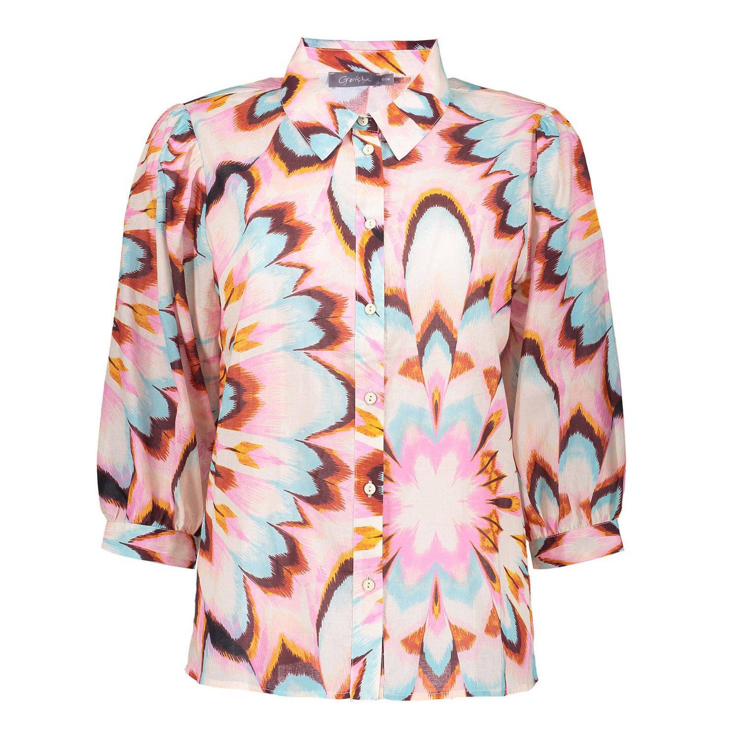 Geisha blouse met all over print ecru roze blauw