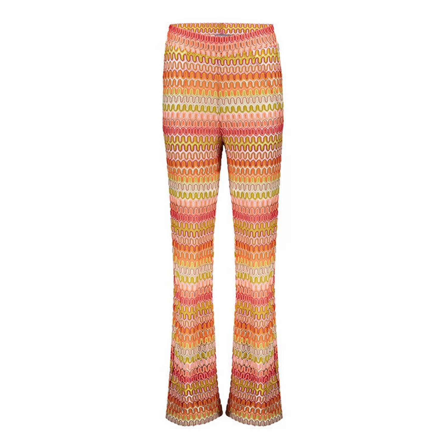 Geisha high waist flared broek met all over print oranje groen roze