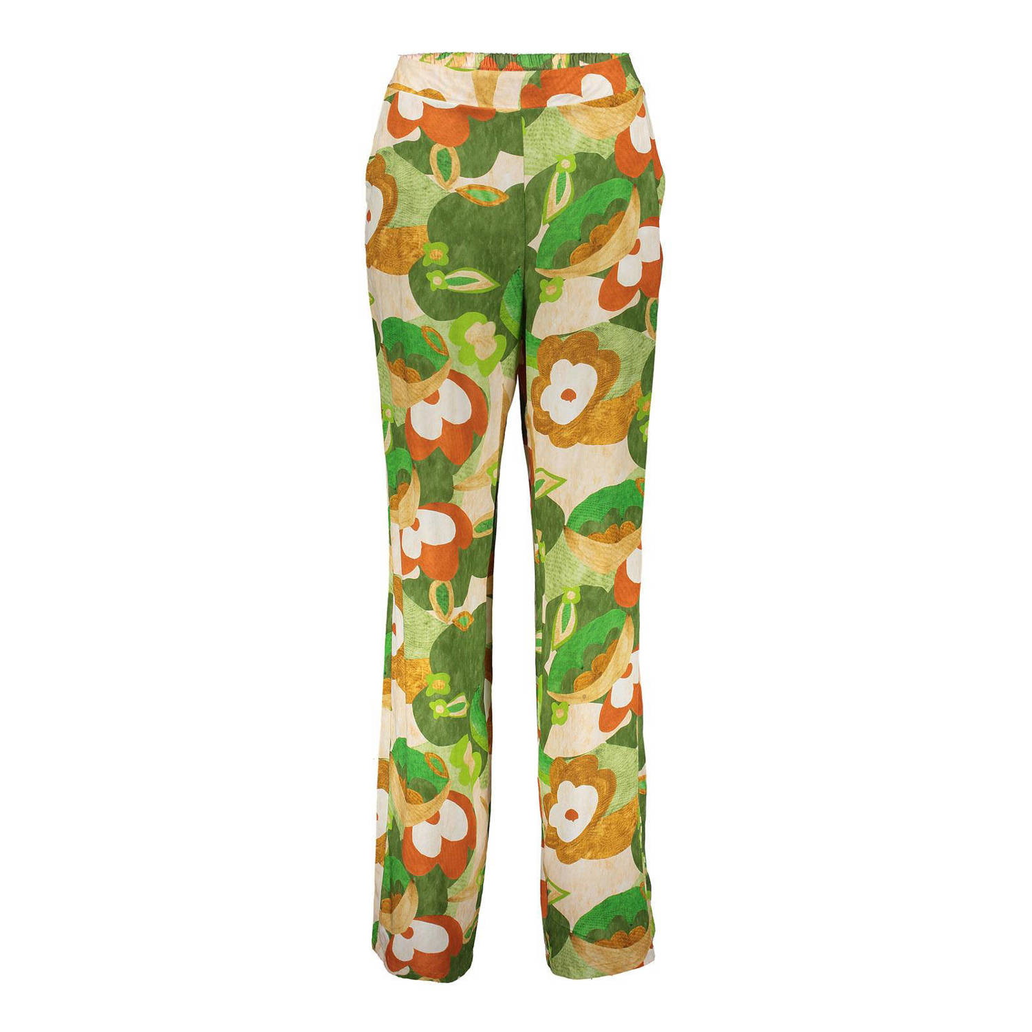 Geisha high waist wide leg broek met all over print groen oranje