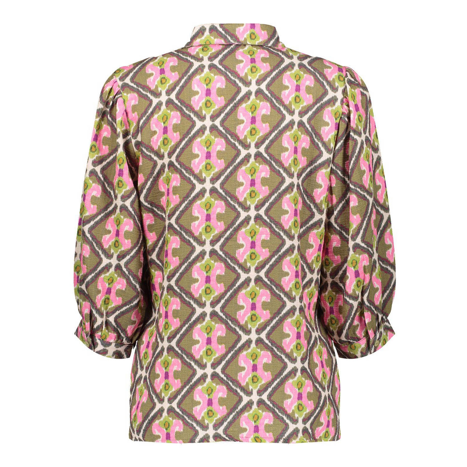 Geisha blouse met all over print groen roze