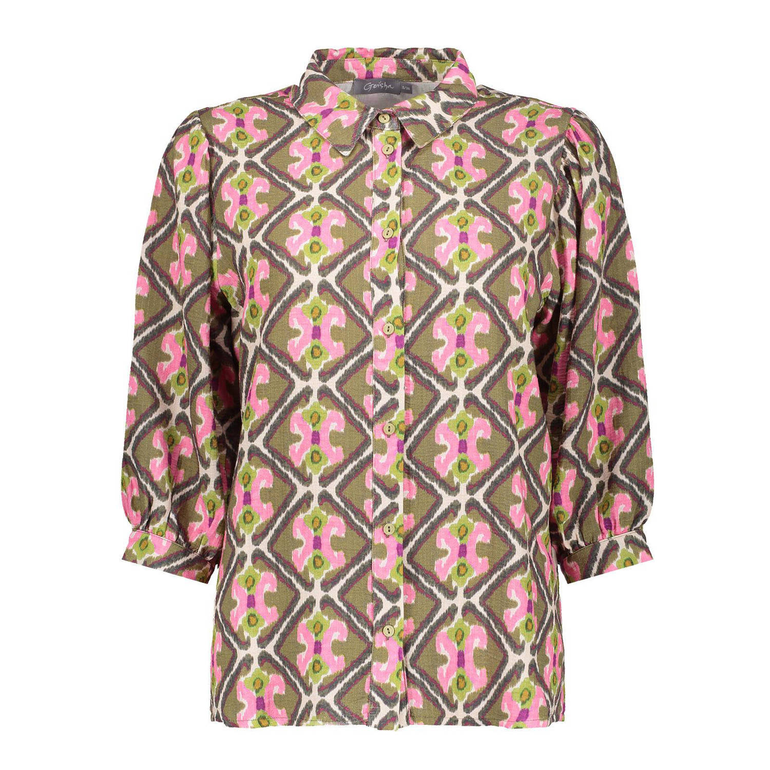 Geisha blouse met all over print groen roze