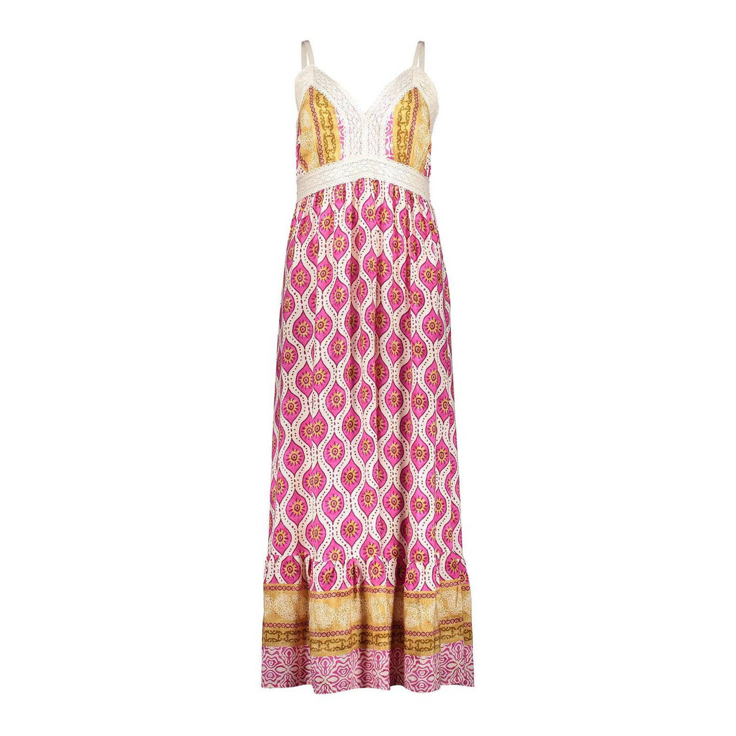 Geisha maxi jurk met all over print en borduursels roze zand