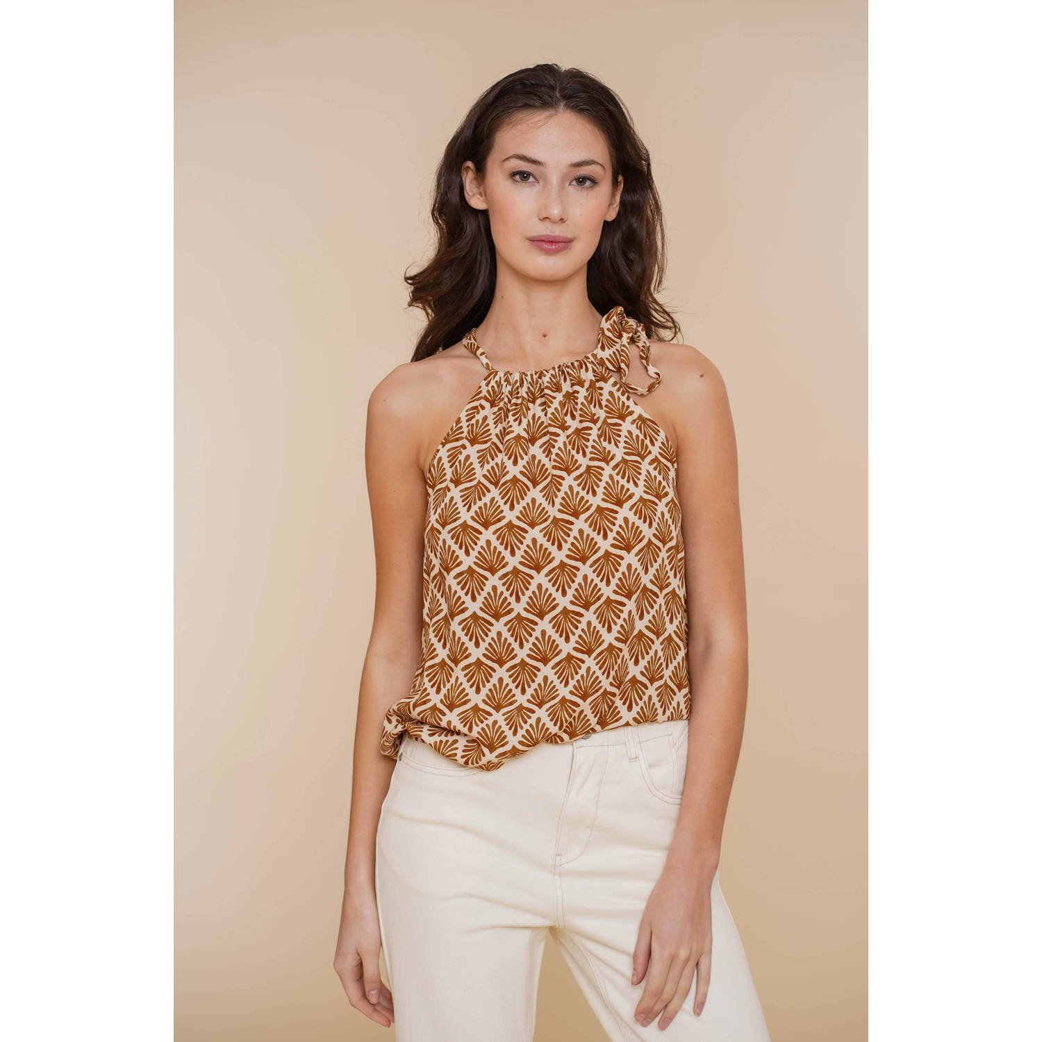 Geisha top met all over print oker