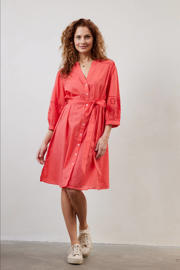 thumbnail: Koraalrode dames Didi blousejurk Marseille van viscose met effen, driekwart mouwen, V-hals, knoopsluiting en broderie