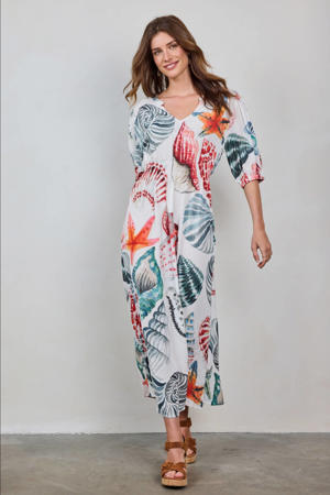 maxi jurk met all over print ecru/rood/blauw