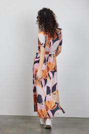 thumbnail: Donkerblauw, oranje en roze dames Didi blousejurk van viscose met korte mouwen, V-hals en knoopsluiting
