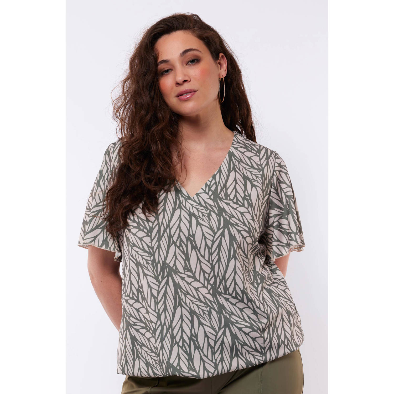 Exxcellent jersey top met all over print groen zand