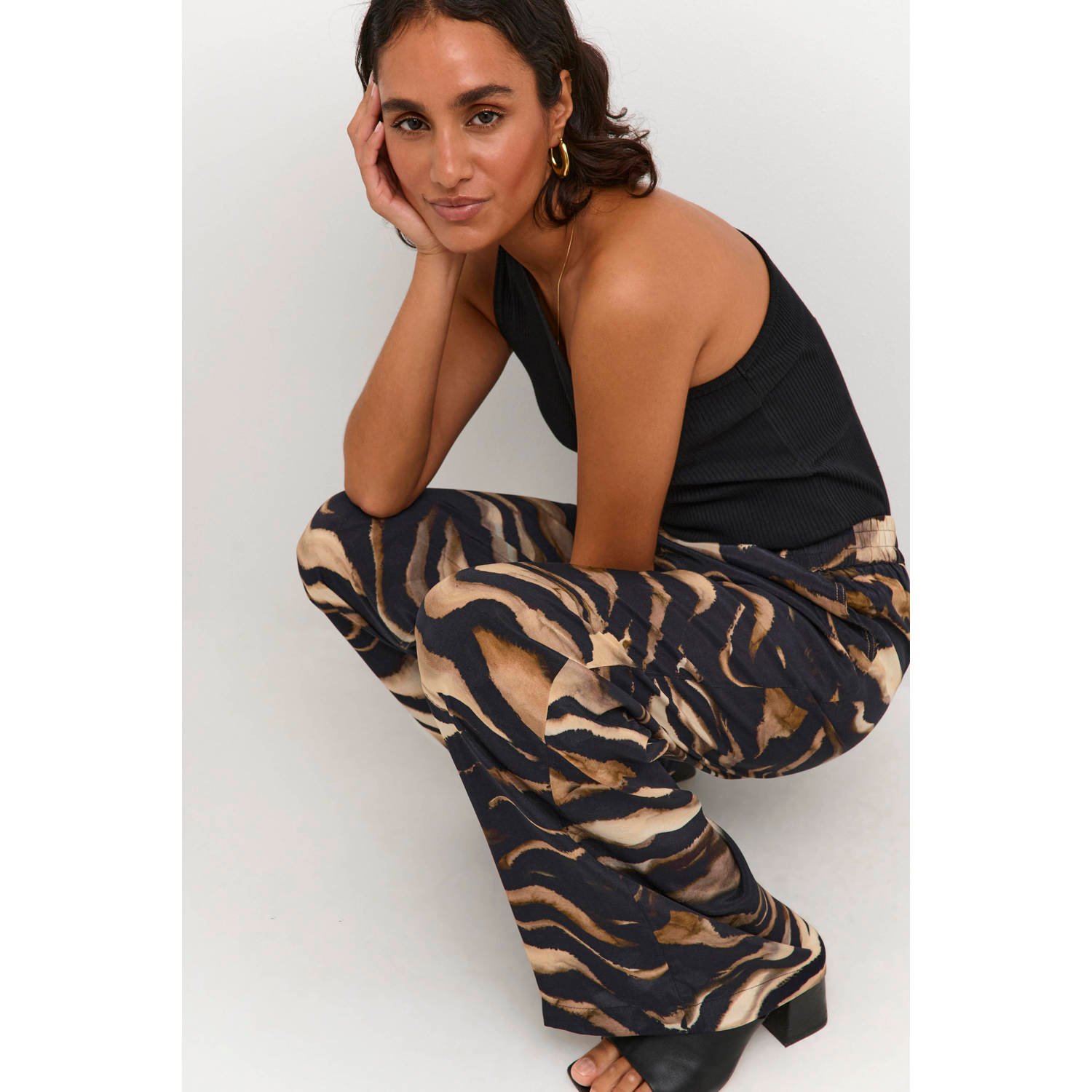 Kaffe high waist wide leg broek met dierenprint bruin zwart