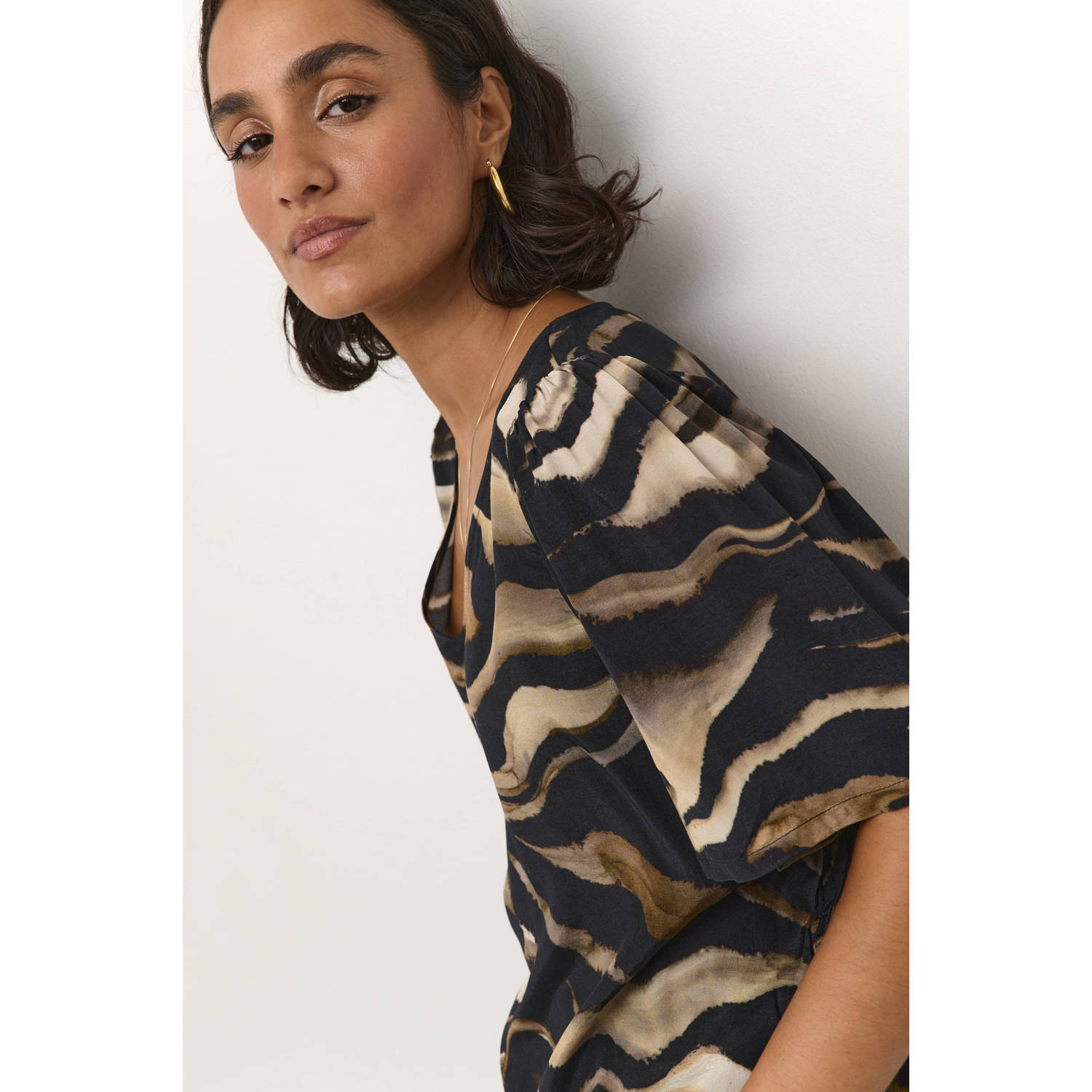Kaffe blousetop KAlaila met zebraprint zwart bruin ecru