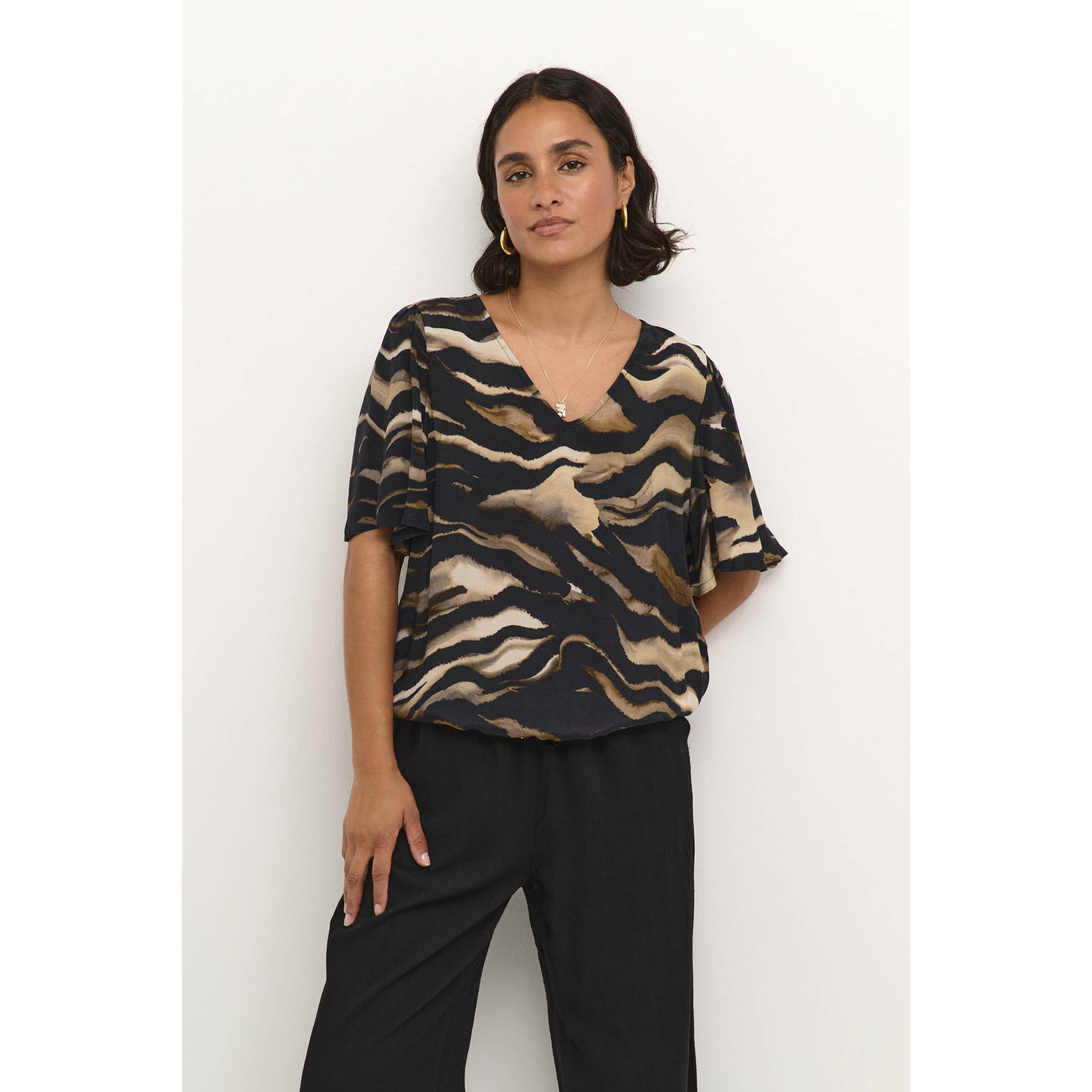 Kaffe blousetop KAlaila met zebraprint zwart bruin ecru