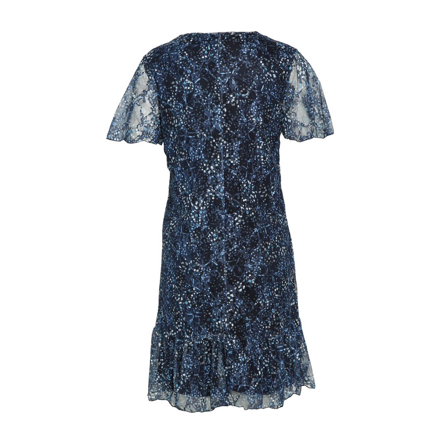 Cassis semi-transparante trapeze jurk met all over print en kant donkerblauw ecru