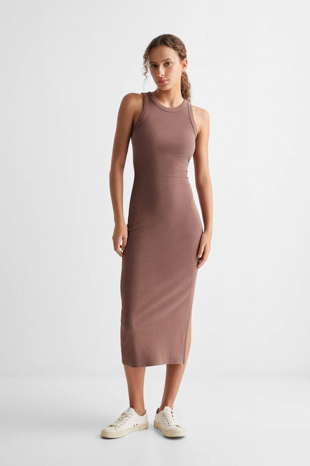 Bruine meisjes Mango Kids bodycon jurk van stretchkatoen met effen en ronde hals