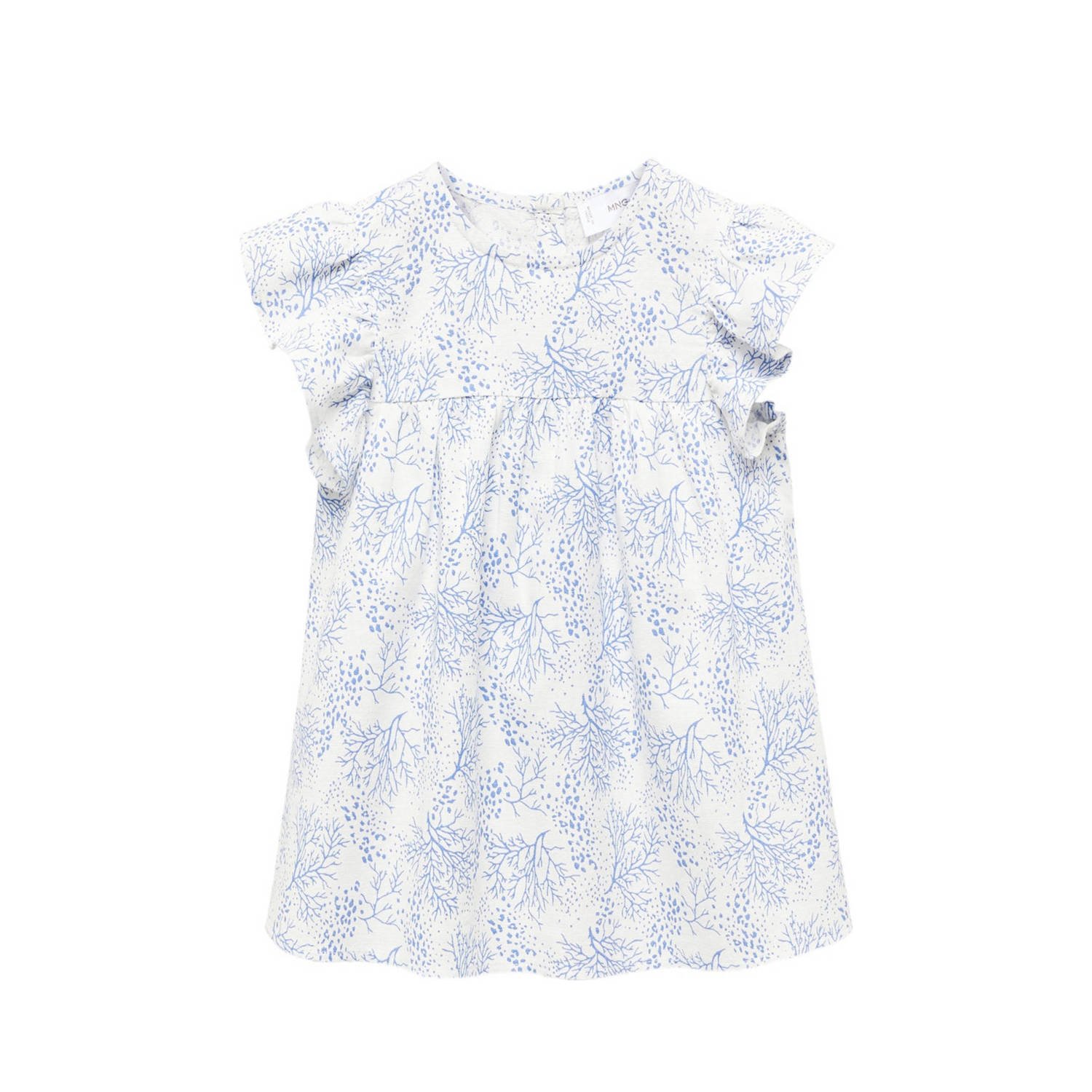 Mango Kids top met all over print en ruches blauw wit Meisjes Katoen Ronde hals 104