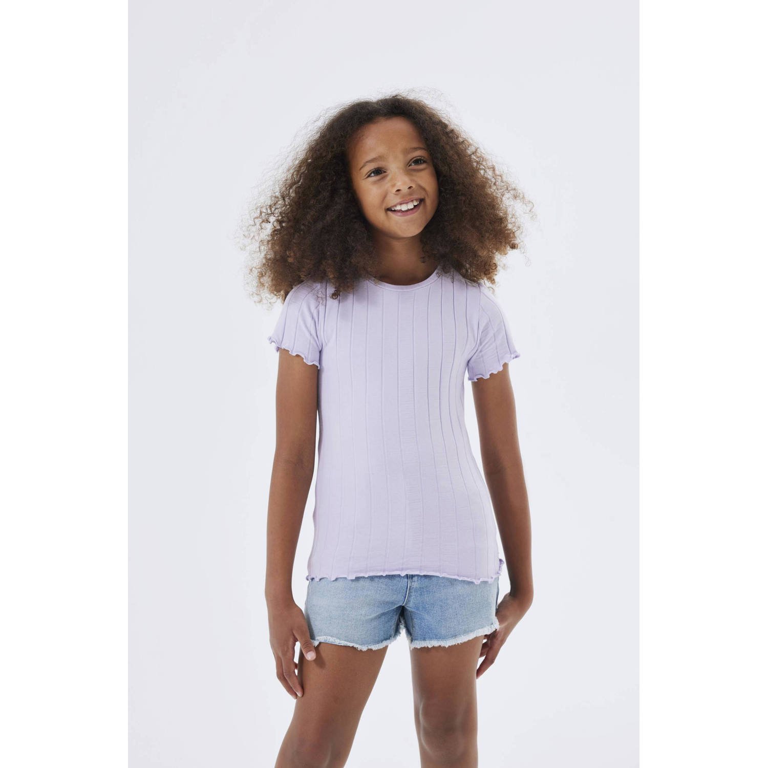 Name it KIDS T-shirt NKFNORALINA lila Paars Meisjes Katoen Ronde hals Effen 122 128