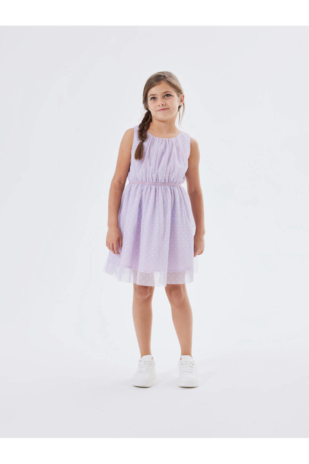 Lilakleurige meisjes NAME IT KIDS jurk van polyester met stippenprint, ronde hals en tule