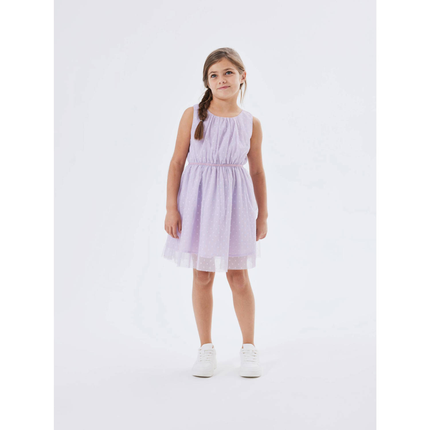 Name it KIDS jurk NKFVABOS met stippen lila Paars Meisjes Polyester Ronde hals 152