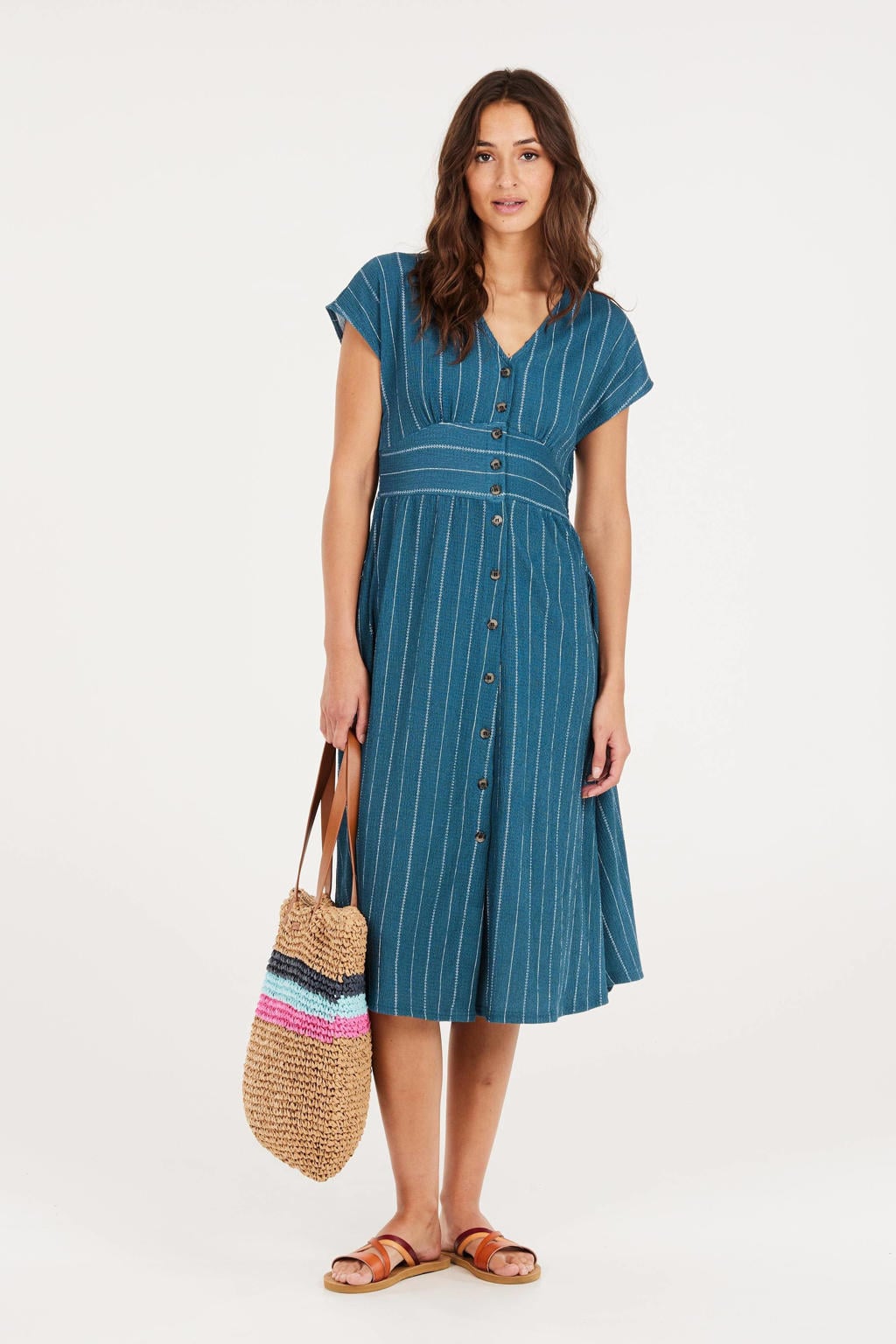 Blauwe dames Protest A-lijn jurk van polyester met strepenprint, korte mouwen, V-hals, knoopsluiting en plooien