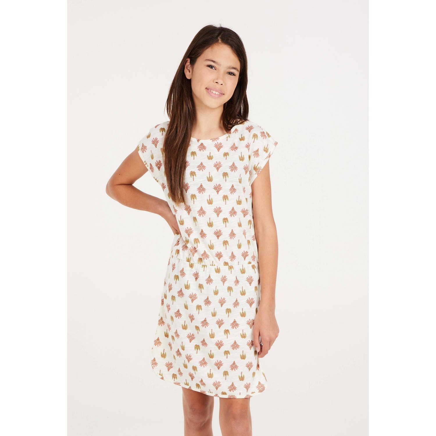 Protest jurk met all over print wit roze goen Meisjes Katoen Ronde hals 104