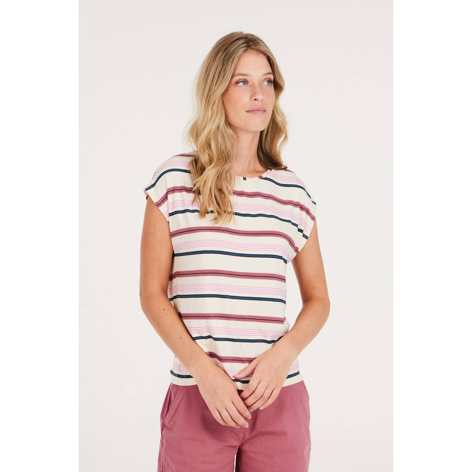 Protest gestreept T-shirt ecru oudroze blauw