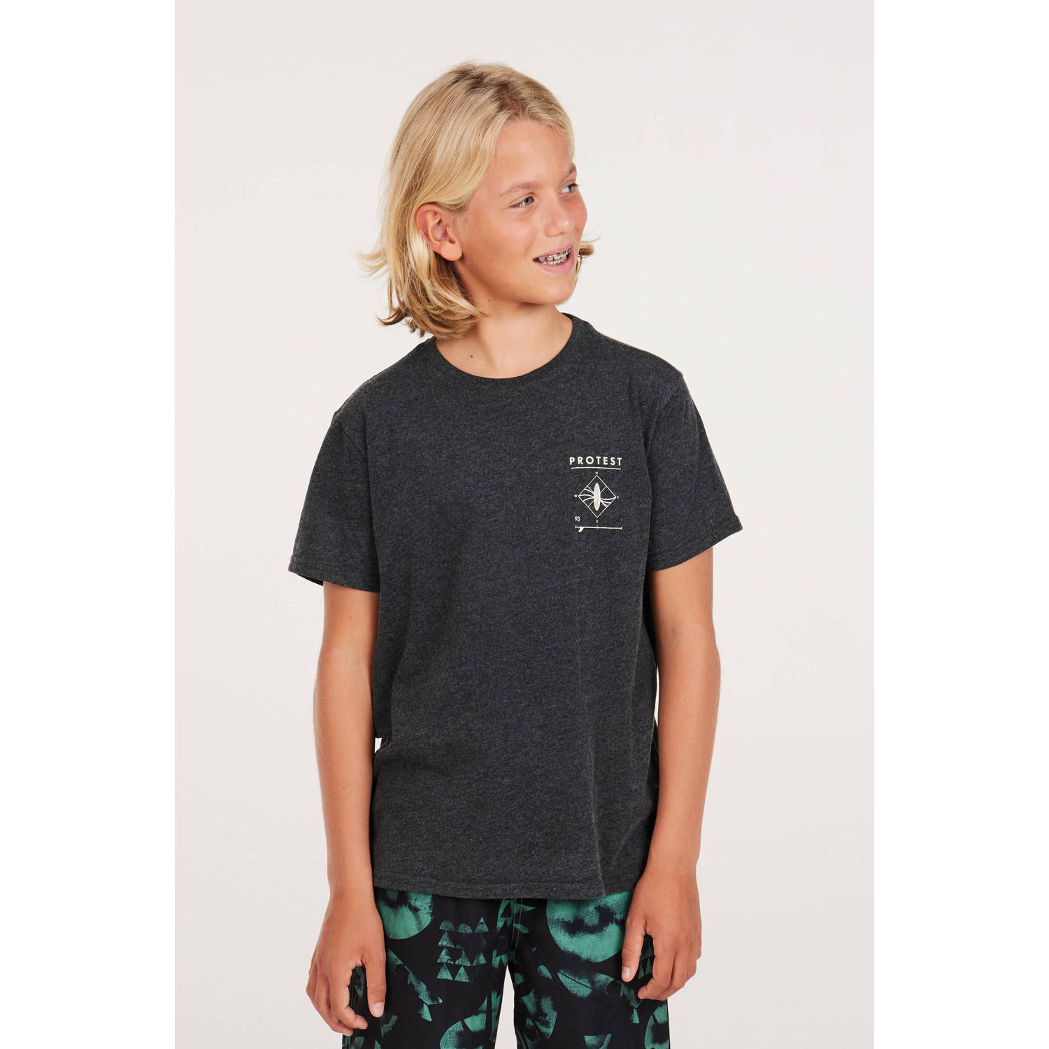 Protest T-shirt met backprint donkergrijs Jongens Stretchkatoen Ronde hals 128