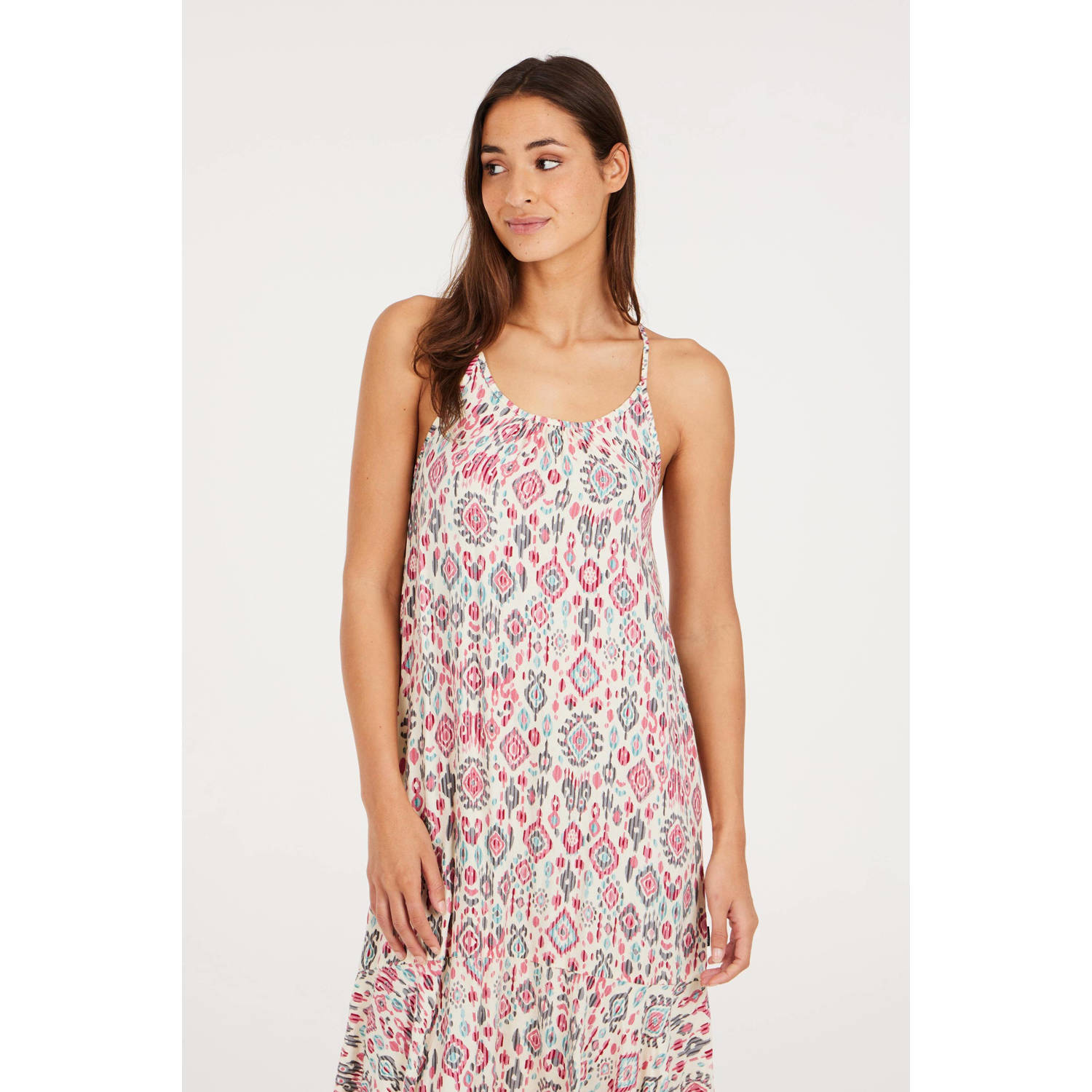 Protest jurk met all over print ecru rood blauw