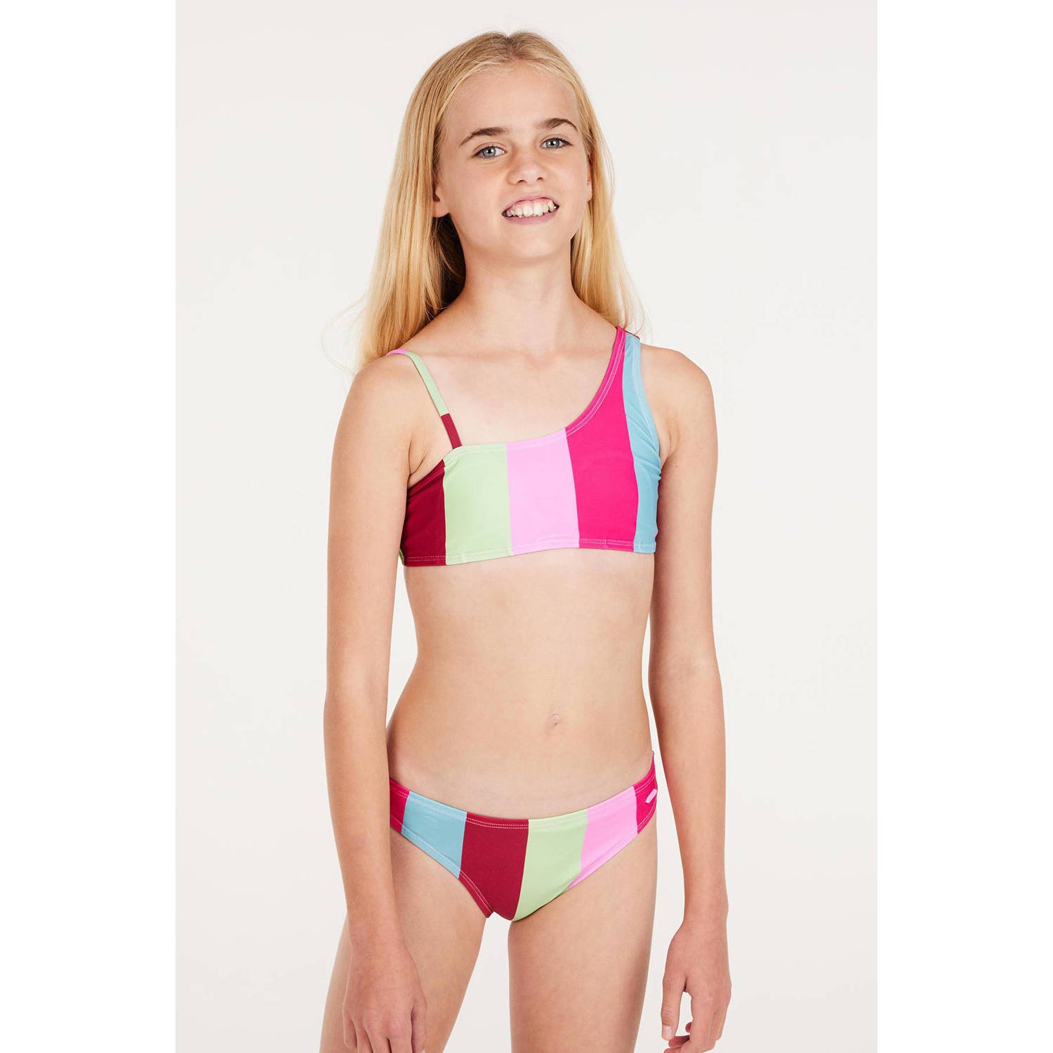 Protest one shoulder bikini PRTFEE JR roze blauw groen Meisjes Polyamide 116