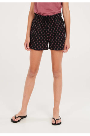 paperbag short met all over print zwart/donkerroze