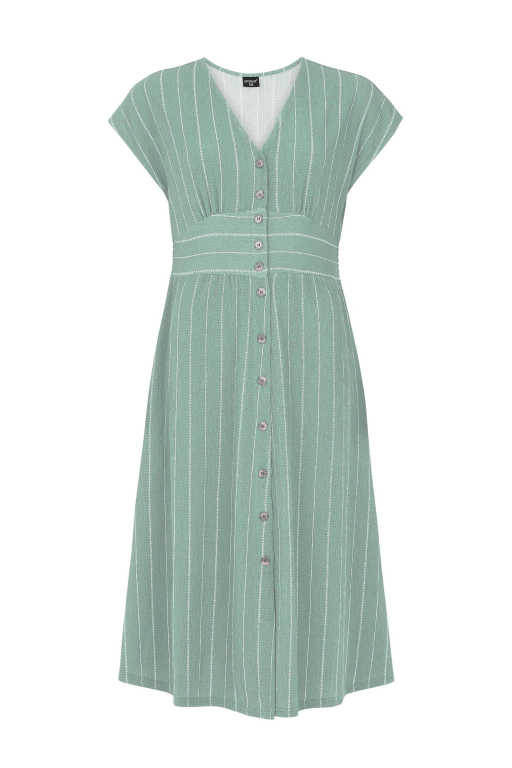 Groene dames Protest A-lijn jurk van polyester met strepenprint, korte mouwen, V-hals, knoopsluiting en plooien