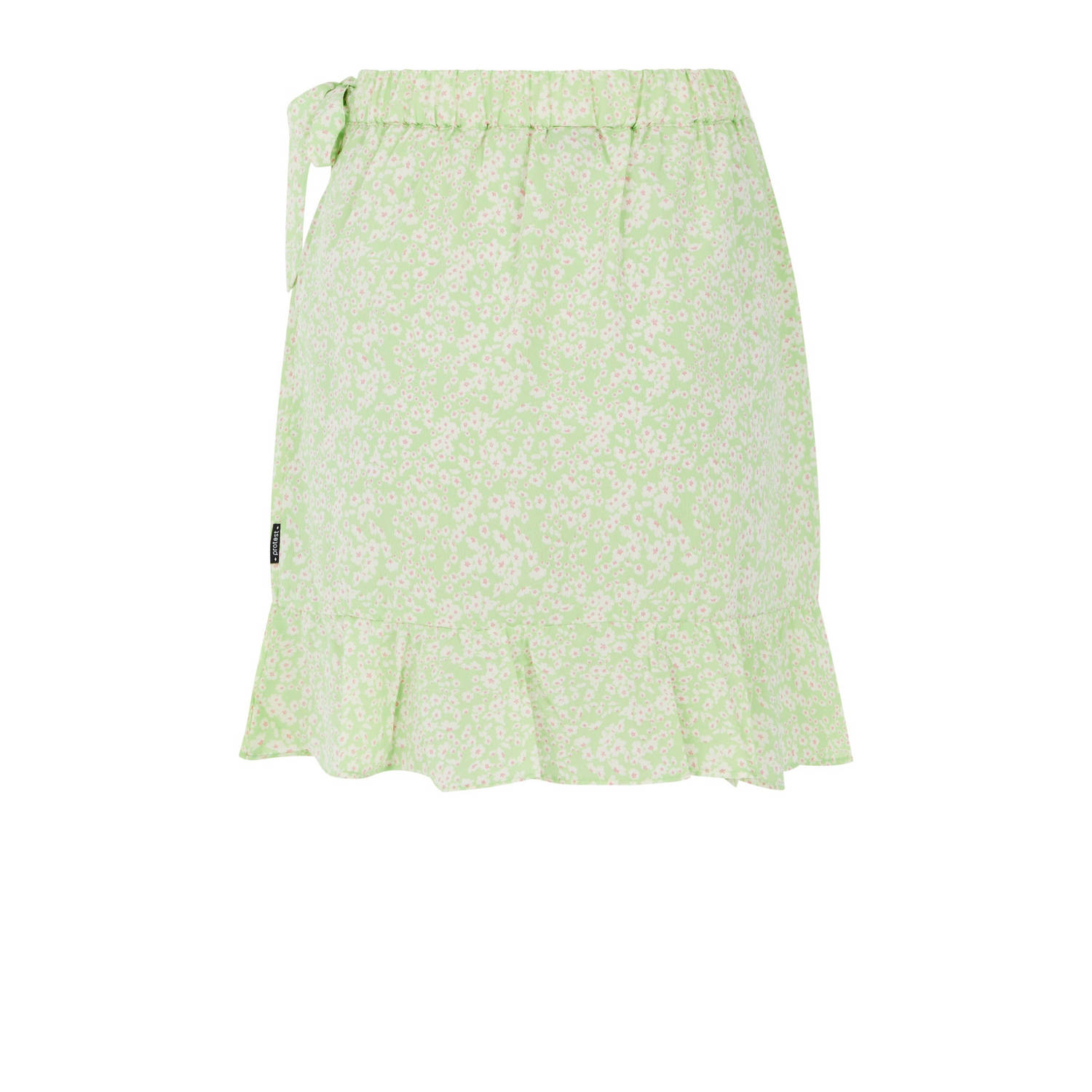 Protest rok met all over print en ruches groen ecru roze