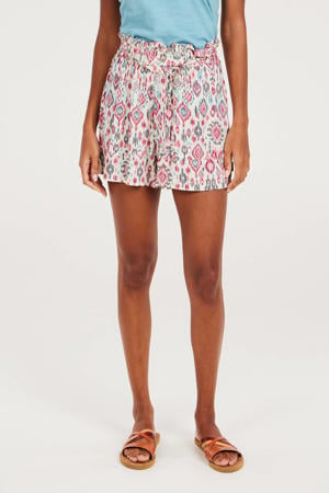 high waist loose fit short met all over print ecru/roze/blauw