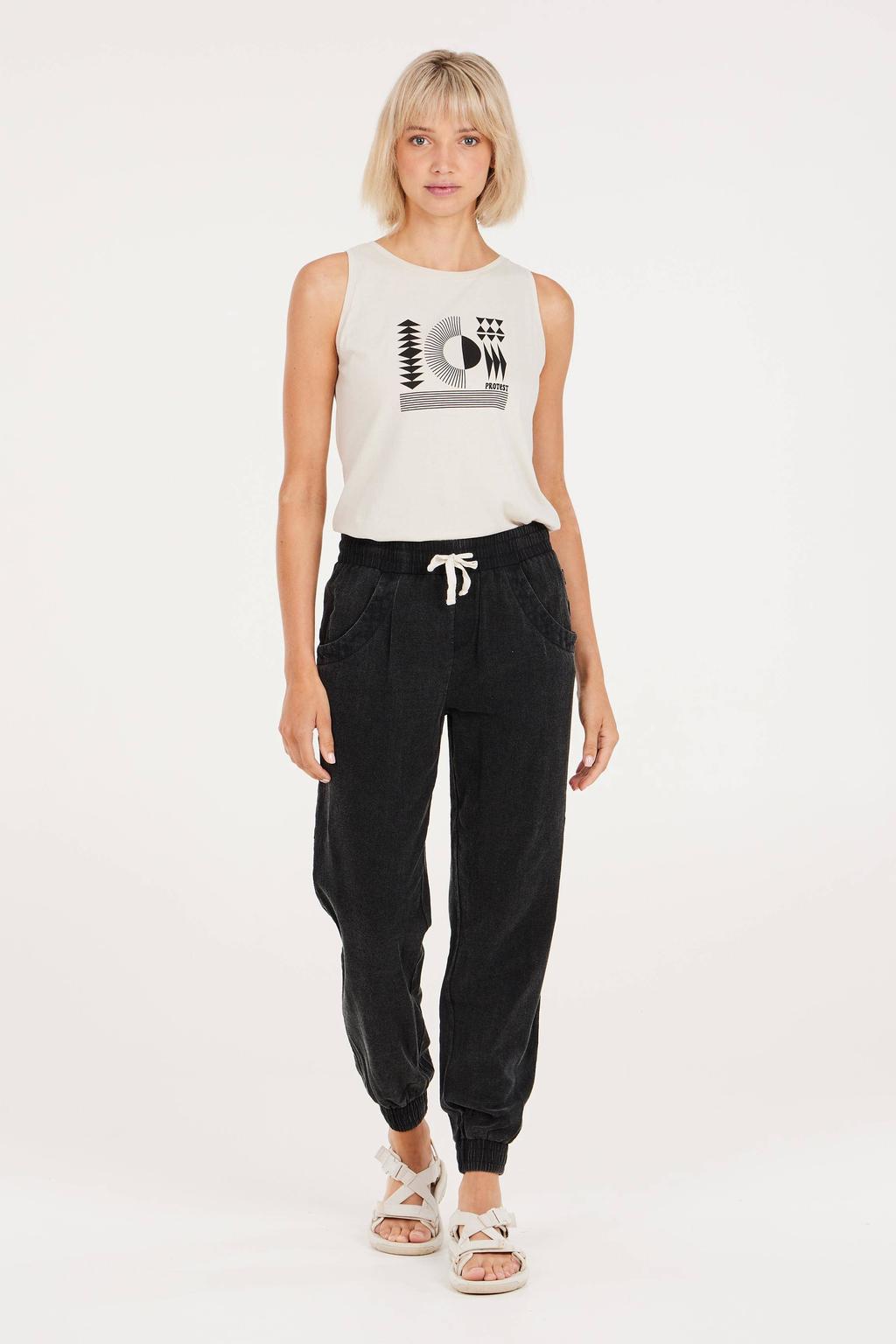 Zwarte dames Protest relaxed joggingbroek van katoen met regular waist, elastische tailleband met koord en effen