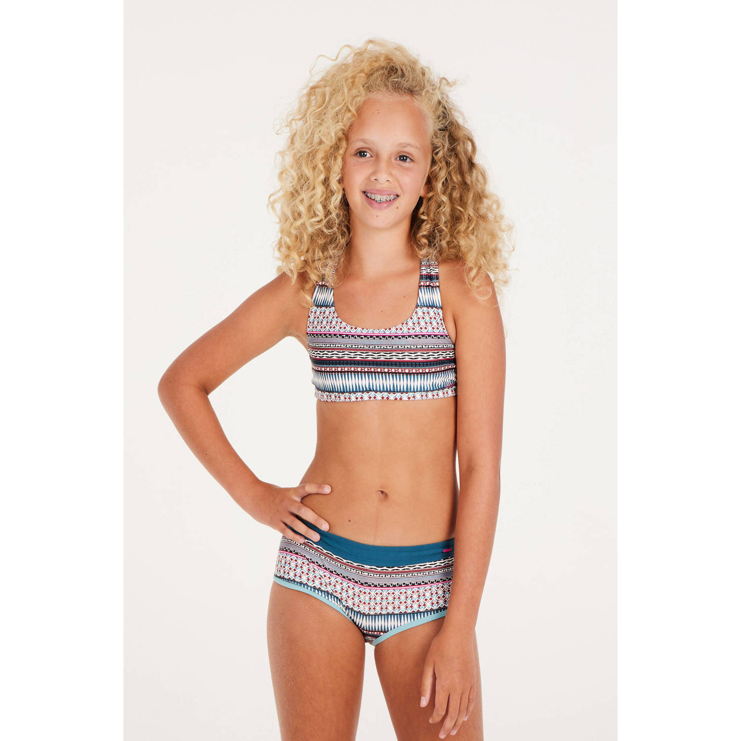 Protest crop bikini PRTMIRROR JR blauw wit rood Meisjes Polyamide All over print 140
